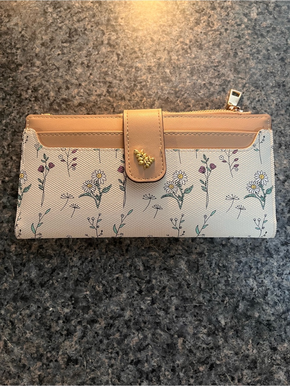 Source Unknown Cream Floral Wallet with Tan Trim